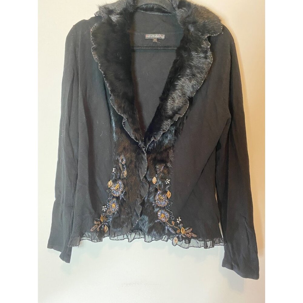 Pierri New York Black Cardigan Real Fur Collar Floral Lace Ruffle Trim
